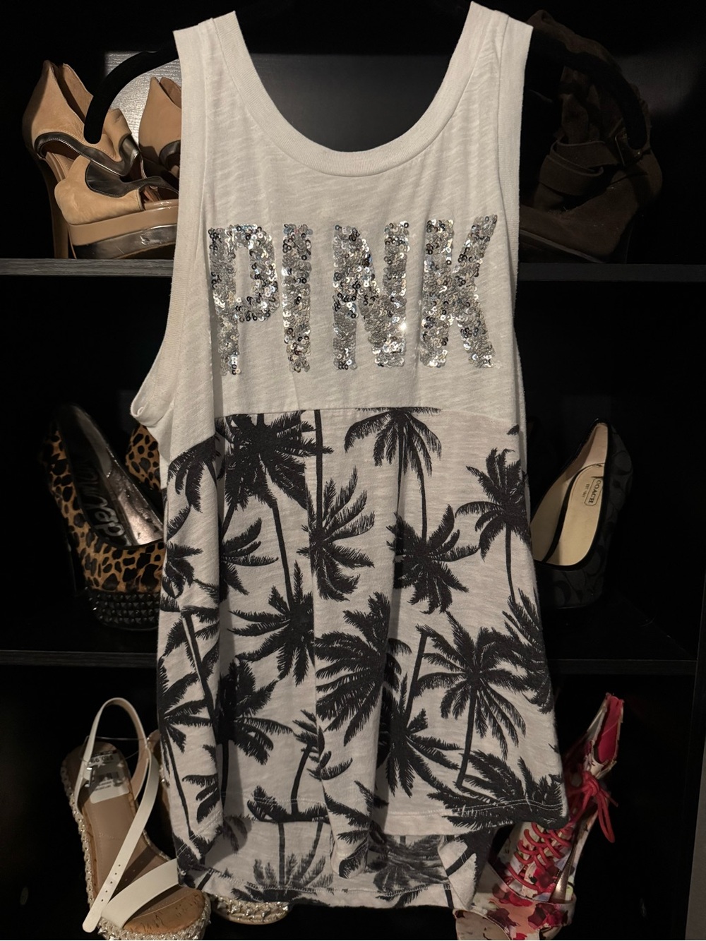 Victoria's Secret PINK Sequin Logo Palm-Print Tank - White/Black